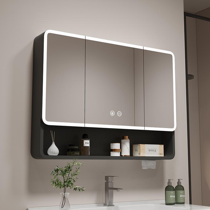 太空铝圆弧形浴室镜柜卫生间智能灯光储物柜挂墙式带美妆镜抽纸孔