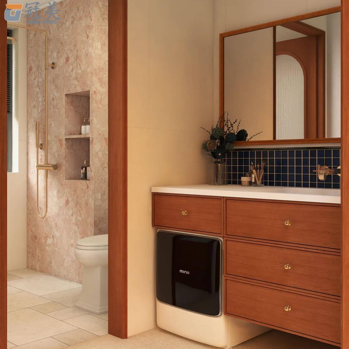 中古风岩板热弯一体盆浴室柜组合卫生间洗衣扫地机洗手脸洗漱台盆