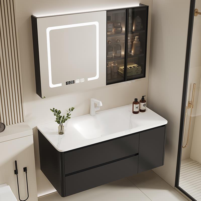 中世纪风格不锈钢浴室柜组合洗脸盆浴室水槽板岩热弯一体化盆