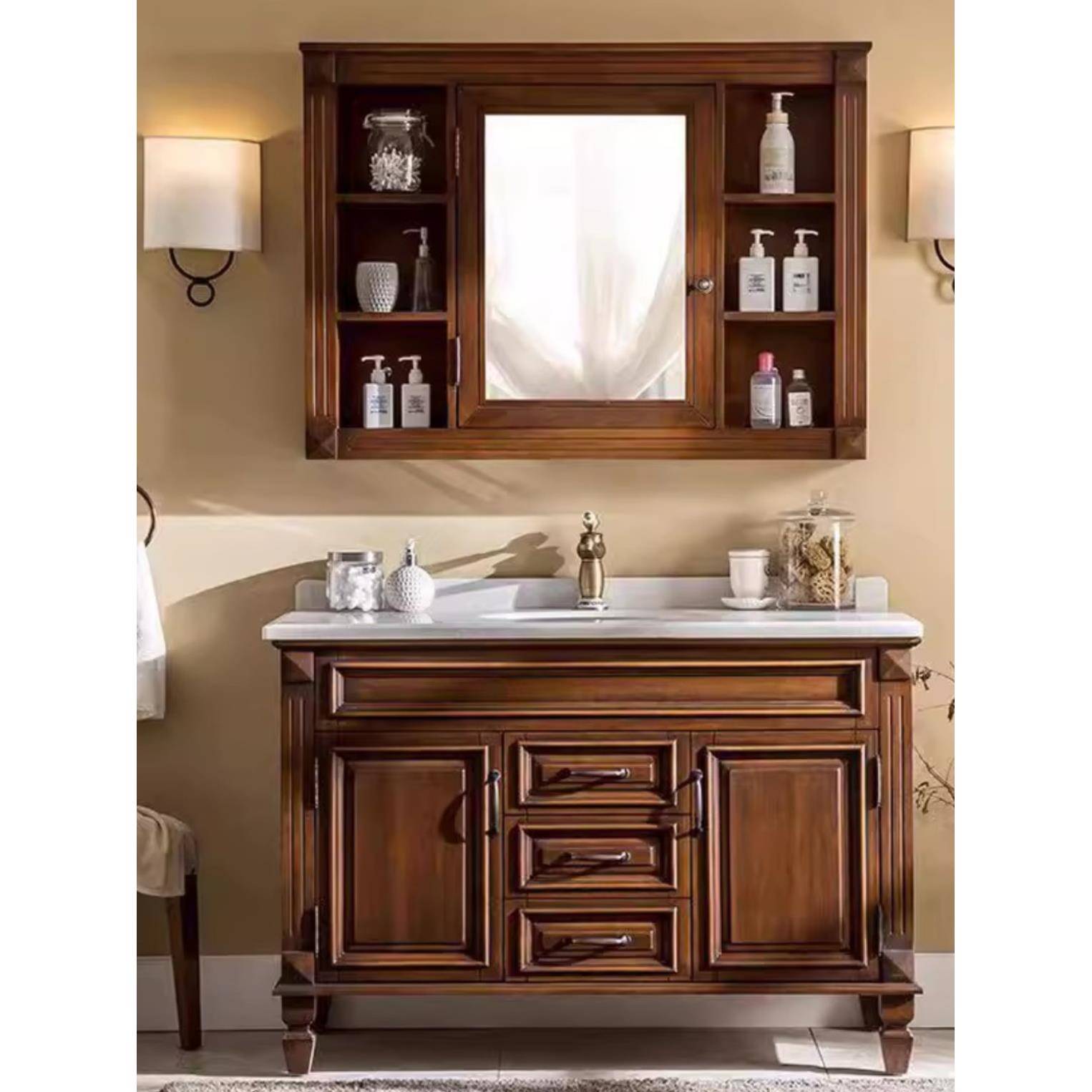 美式橡木浴室柜组合落地洗脸洗手盆柜实木洗漱台卫生间陶瓷一体盆