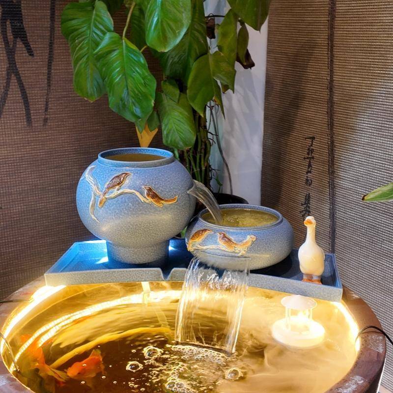 流水瀑布摆件陶瓷罐循环水鱼缸造景过滤增氧流水古法生态鱼缸景观