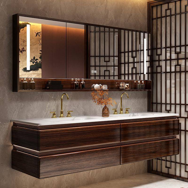 2025新中式乌金木实木浴室柜组合双盆卫生间洗手池洗脸岩板台盆柜