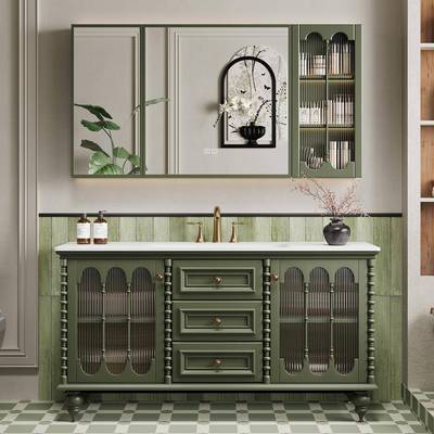 法式复古橡木浴室柜组合卫生间岩板热弯一体盆洗漱台洗手脸盆落地