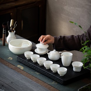 家用客厅简约泡茶办公室会客羊脂玉盖碗茶杯 德化白瓷功夫茶具套装