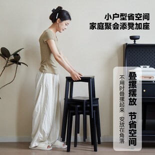 实木家用餐椅凳黑色方凳叠放结实木凳餐桌椅子坐凳矮凳