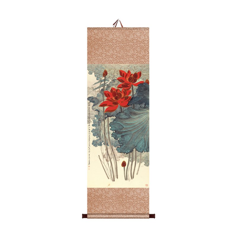 张大千国画泼墨荷图卷轴挂画红荷图挂轴画饰画书房玄关书画