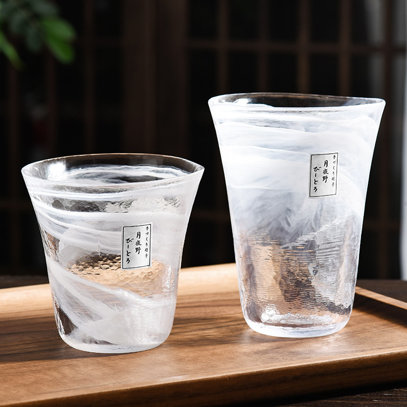 日手工硝子杯磨砂锤纹水杯水墨冰川纹酒杯茶杯礼