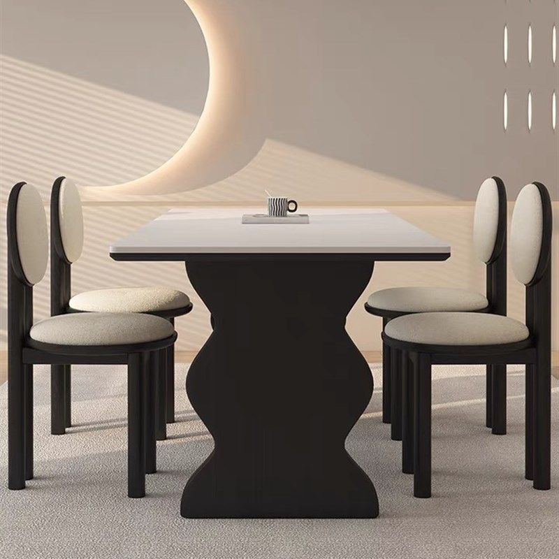 德利丰实木岩板餐桌家用小户型侘寂中古风长方形高端全托黑色饭桌