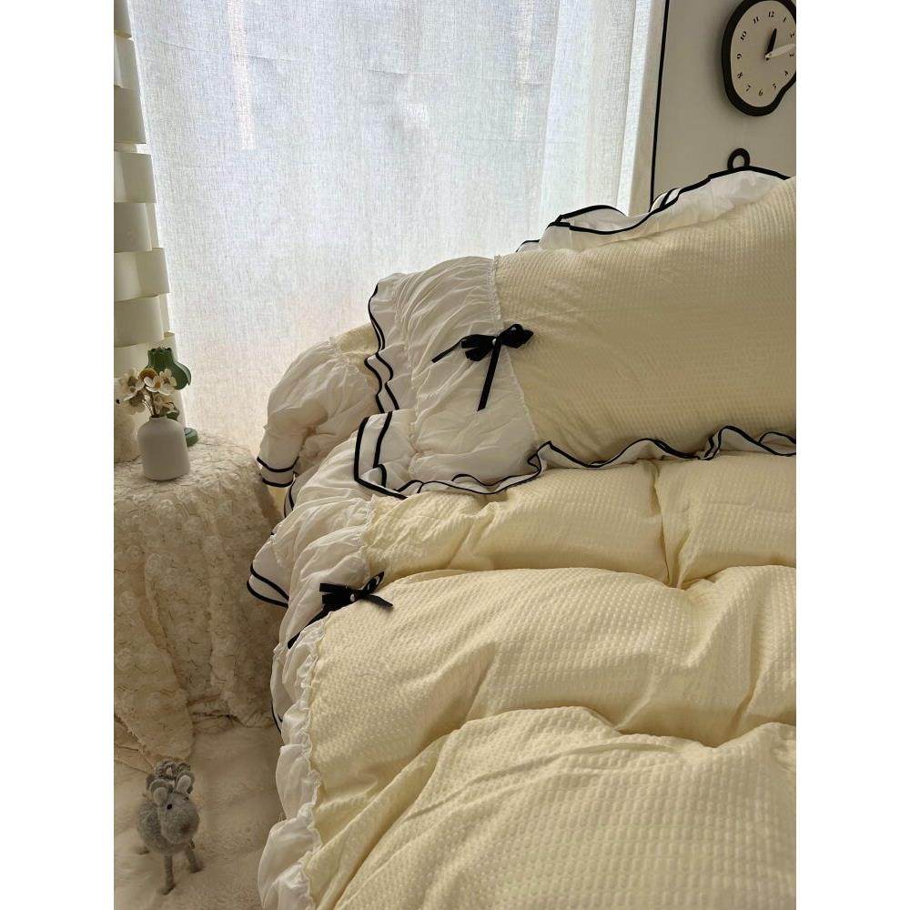 韩系立体蝴蝶结奶油双层黑色花边水洗棉床上四件套床单学生三件套,床上用品,床品套件/四件套/多件套,淘宝优惠券,粉丝福利购,淘宝优惠卷