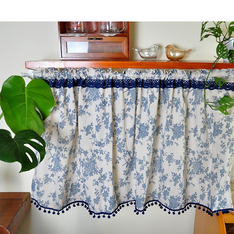 蓝色法式棉麻小碎花短门帘小窗帘遮丑帘魔术贴免打孔咖啡帘厨房帘