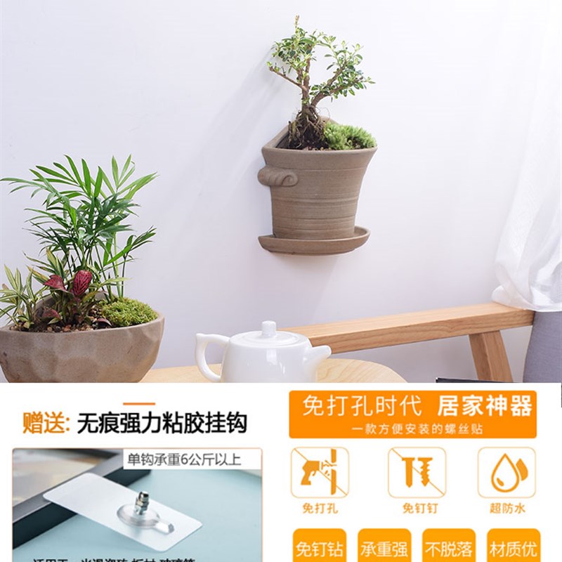 粗陶壁挂花盆陶瓷简约创意阳台垂吊盆绿萝悬挂式多肉花盆墙壁花器