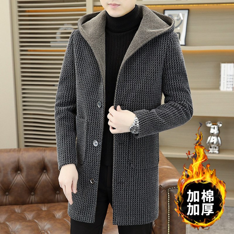 中长款毛呢外套男冬季宽松潮流加棉加厚连帽风衣青年休闲呢子大衣