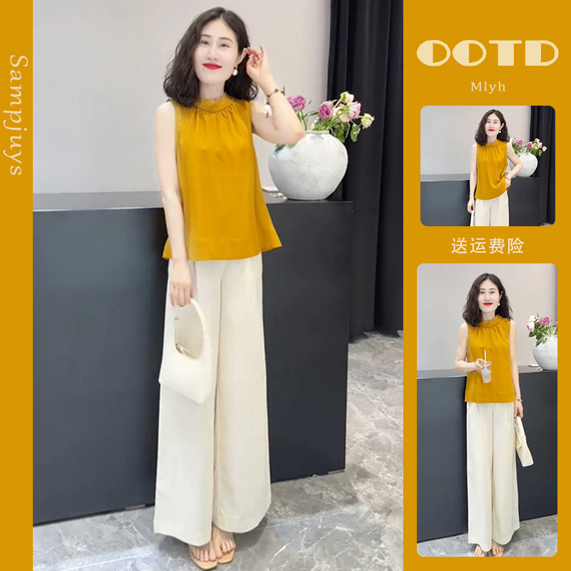 2025夏季今年流行漂亮小衫法式高级感黄色褶皱领无袖衬衫上衣女士