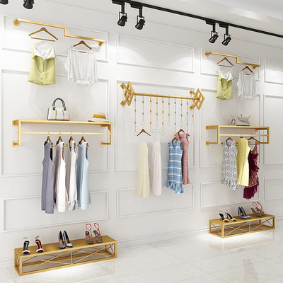 简约服装店展示架金色服装架女装店上墙货架落地式侧挂陈列架组合