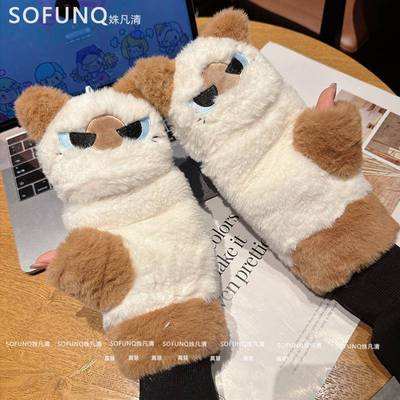 新款手套女生冬季毛绒保暖学生可爱猫咪翻盖卡通防寒超软写字手套