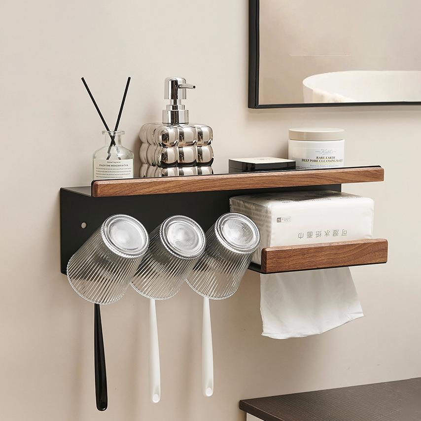 卫生间牙刷置物架牙杯架子胡桃木免打孔壁挂式多功能洗脸巾收纳架