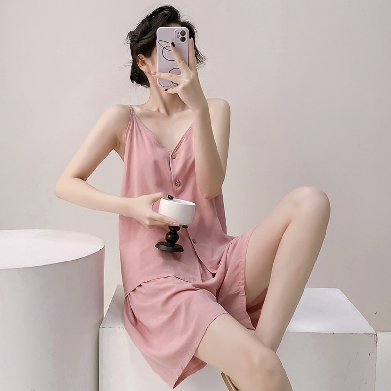 夏季薄款女士吊带棉绸睡衣短裤韩版甜可外穿家居服套装夏季