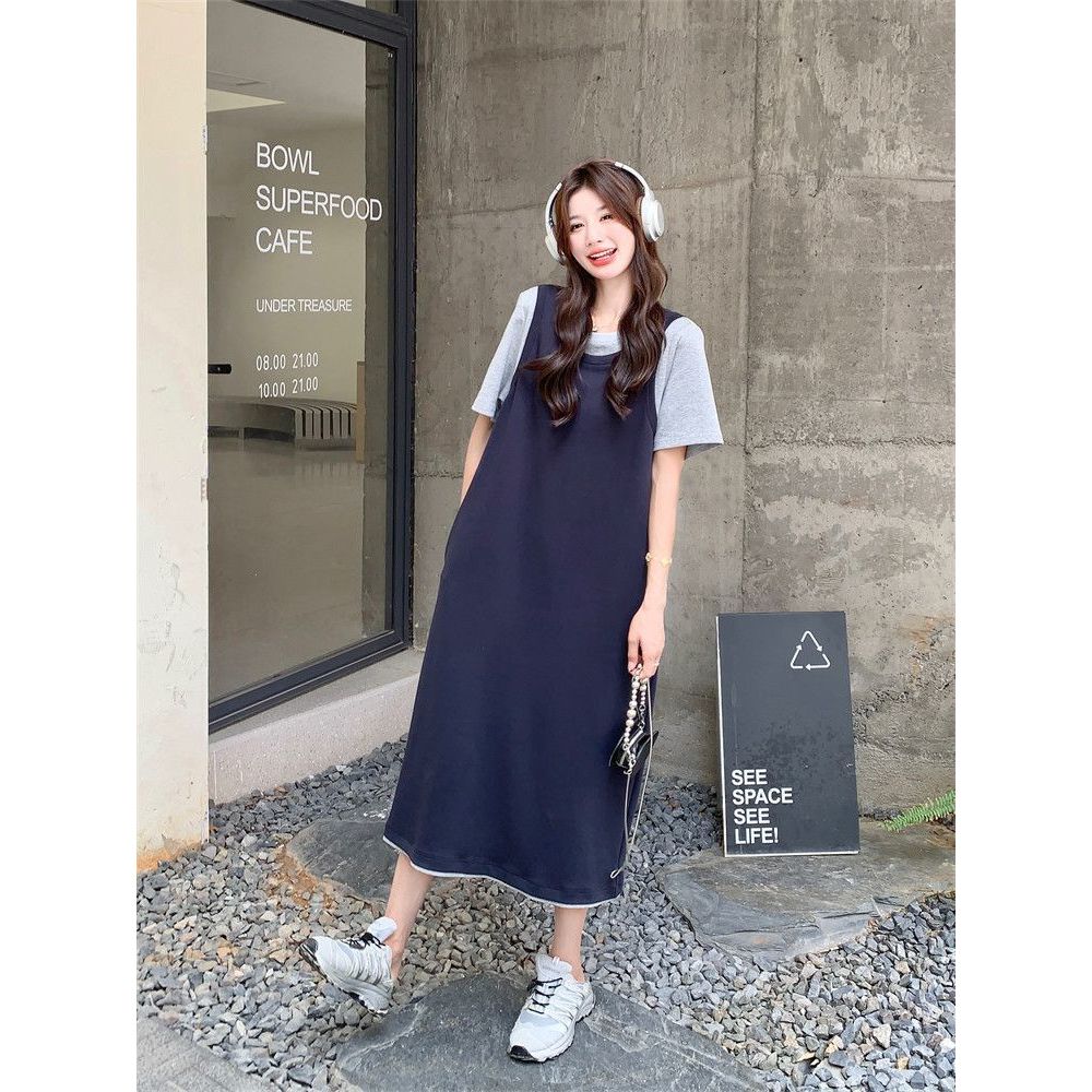 孕妇裙假两件拼接T恤连衣裙女夏季新款2026孕妇百搭洋气裙子高级
