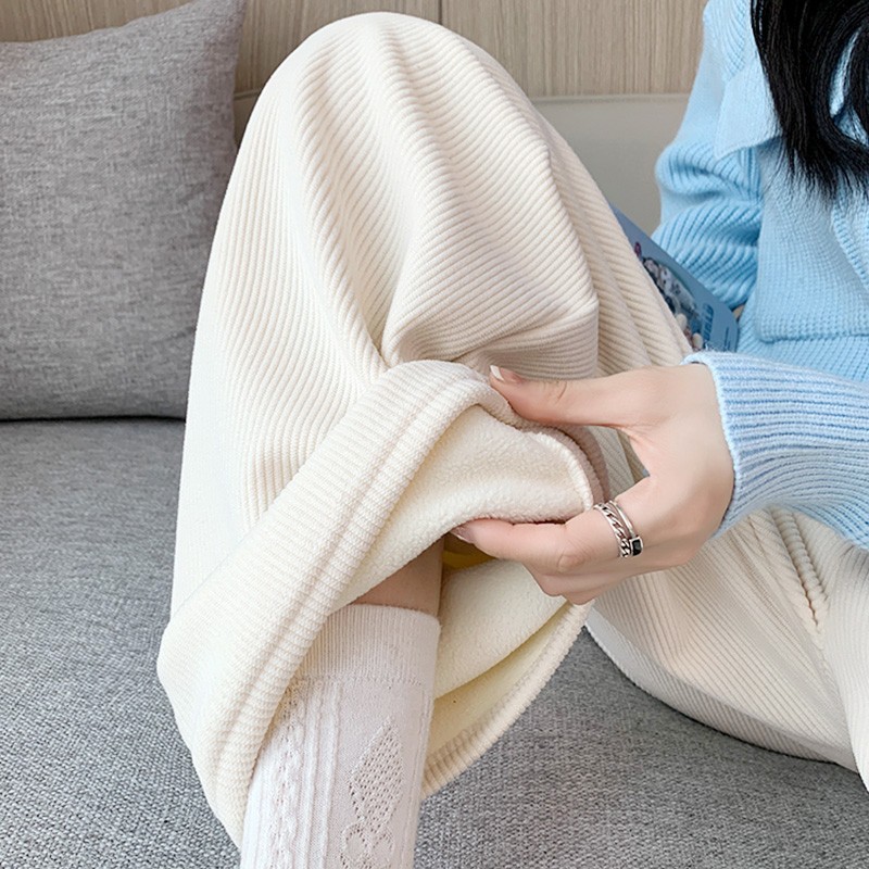 加绒阔腿裤女春秋冬季高腰垂感宽松显瘦灯芯绒直筒拖地白色休闲裤