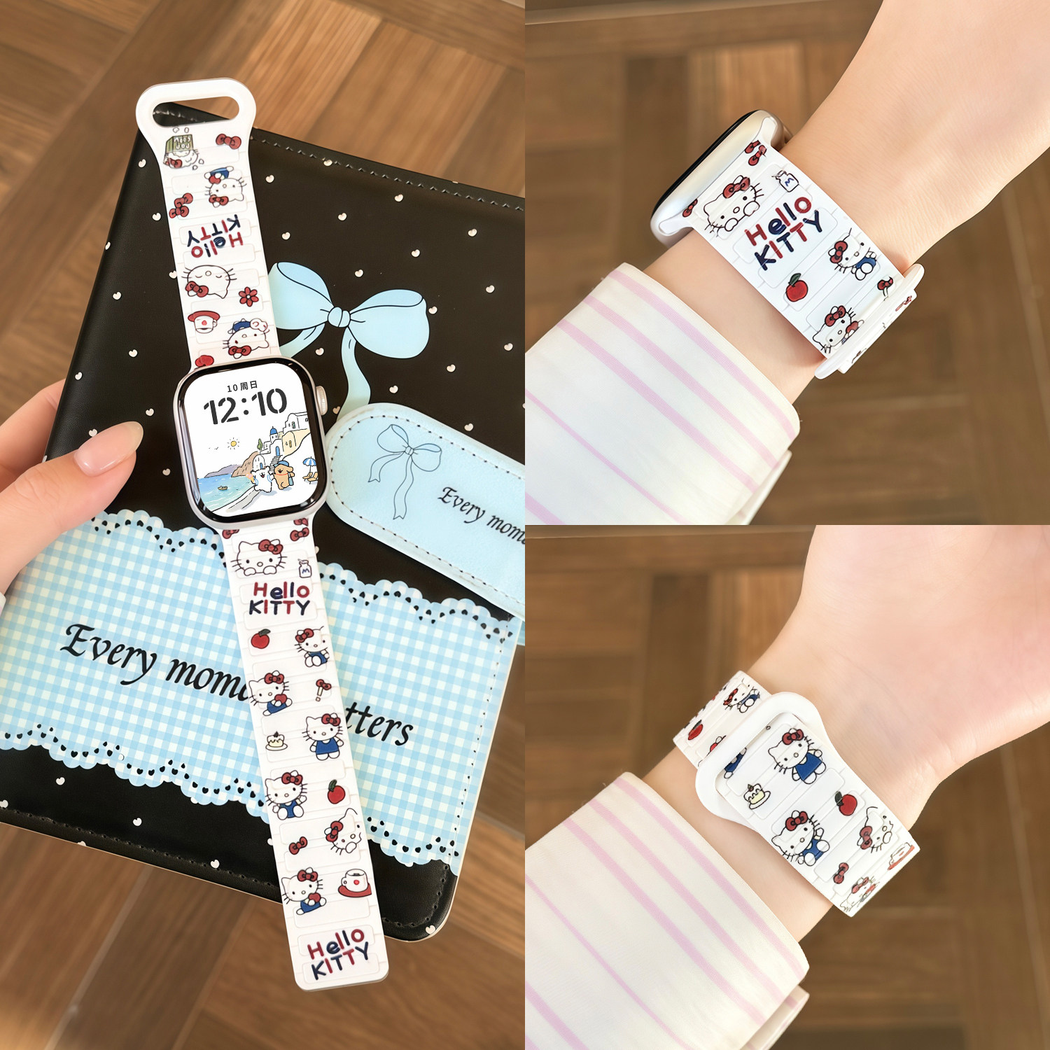 【彩绘Kitty】适用苹果iWatch表带S12手表新款S11腕带Apple智能女s10高级感SE3磁吸S9硅胶智能运动Ultra4透气