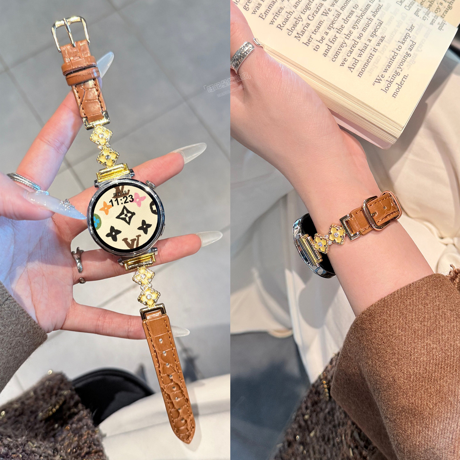 适用华为gt6手表表带gt5/4腕带6/5pro幸运四叶草拼鳄鱼纹皮带智能Huawei watch5/4手表小众女款46/41mm替换带