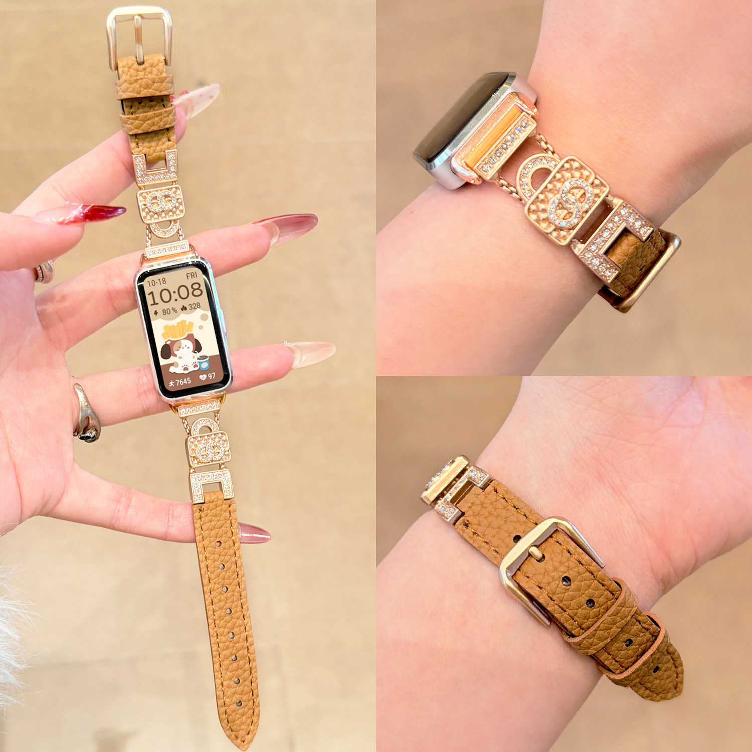 【小香风手提包】适用华为手环10表带9腕带8手表小香风高颜值手提包镶钻拼荔枝纹皮质时尚女秋冬nfc春夏替换