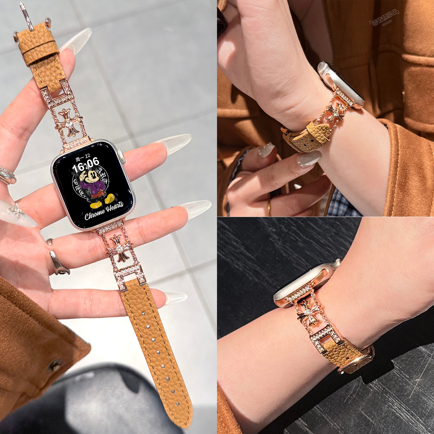 适用S11苹果手表表带Apple WatchS10腕带链式克罗心S9金属S8秋冬女款S7创意秋冬SE高级感腕带S6轻奢拼真皮质