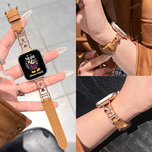适用S11苹果手表表带Apple WatchS10腕带链式克罗心S9金属S8秋冬女款S7创意秋冬SE高级感腕带S6轻奢拼真皮质