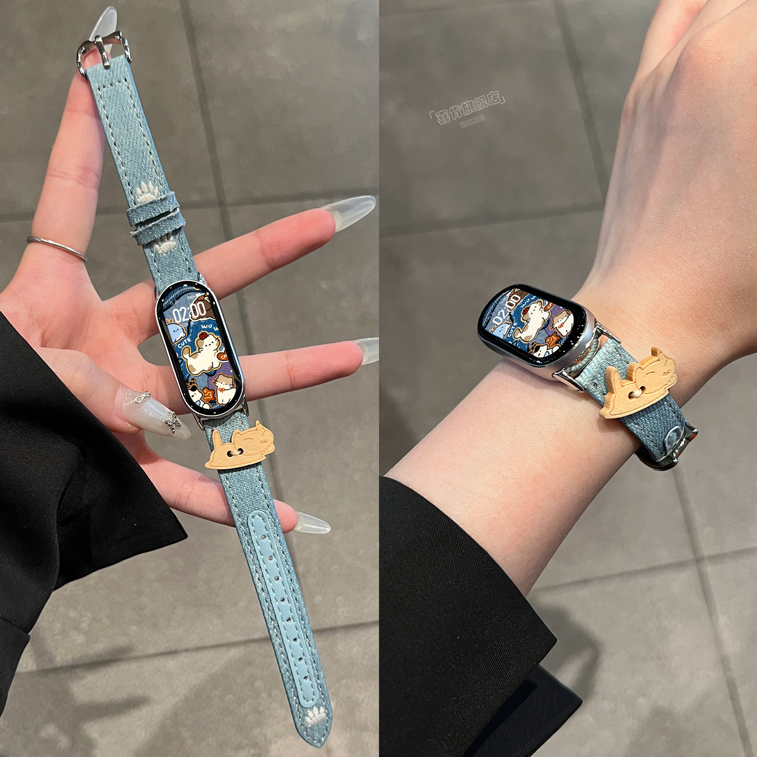 【牛仔纽扣猫】适用小米手环10表带9腕带8手表带7牛仔布料6腕带5创意猫咪4可爱3智能2小众九代秋冬女款简约