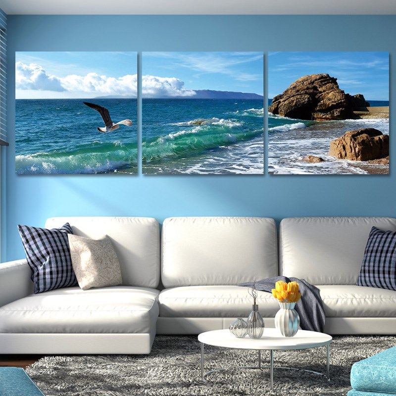 大海沙滩风景装饰画现代客厅挂画三联画沙发背景墙无框画壁画,家居饰品,现代装饰画,淘宝优惠券,粉丝福利购,淘宝优惠卷