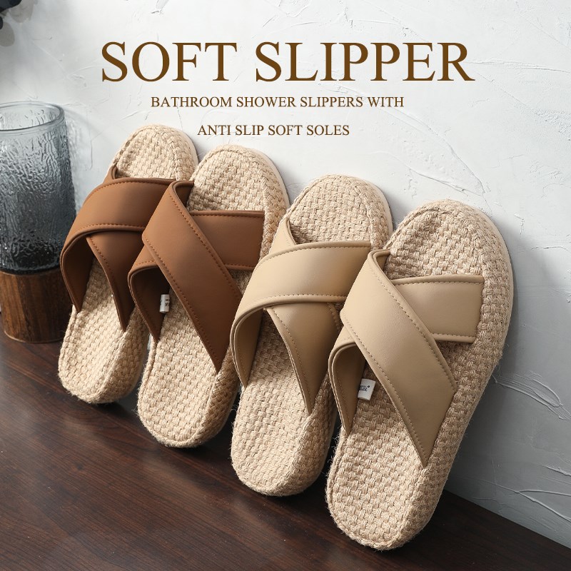 男士亚麻拖鞋吸汗防臭透气夏季家居室内厚底防滑交叉带女家用四季