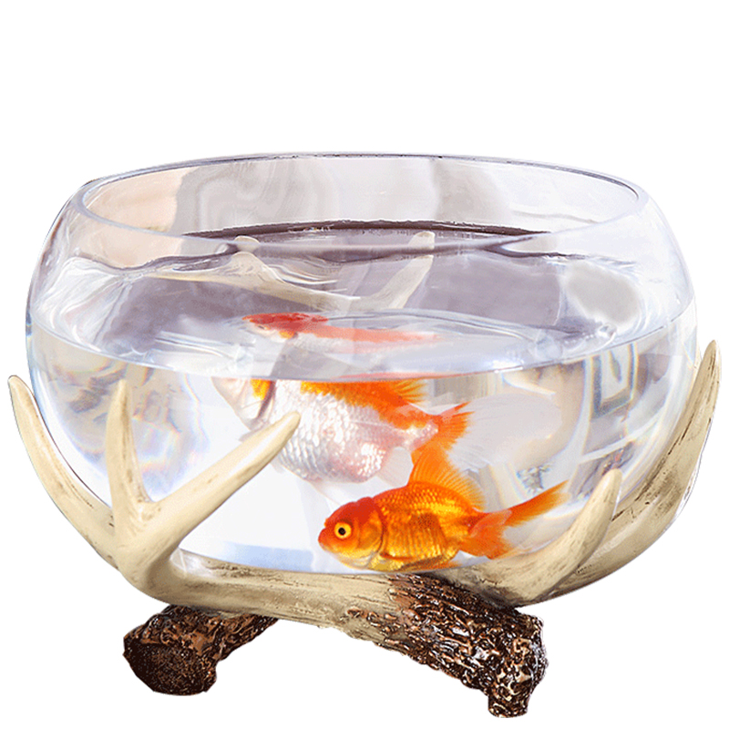 玻璃金鱼缸摆客厅鹿角形状造景圆形水草小乌龟缸桌面家用水族草缸