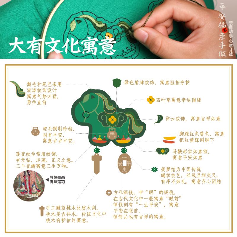 苏朵手工刺绣平安福挂件持有绿码绿马挂饰玩偶DIY材料包送男友