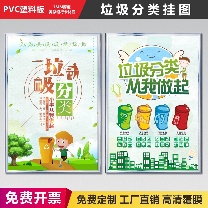 垃圾桶分类标识牌垃圾分类宣传海报标语挂图可回收不可回收提示牌
