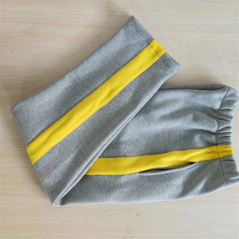 高中学生秋冬校服裤浅灰色拼浅黄宽杠条纹休闲裤加绒休闲直筒长裤