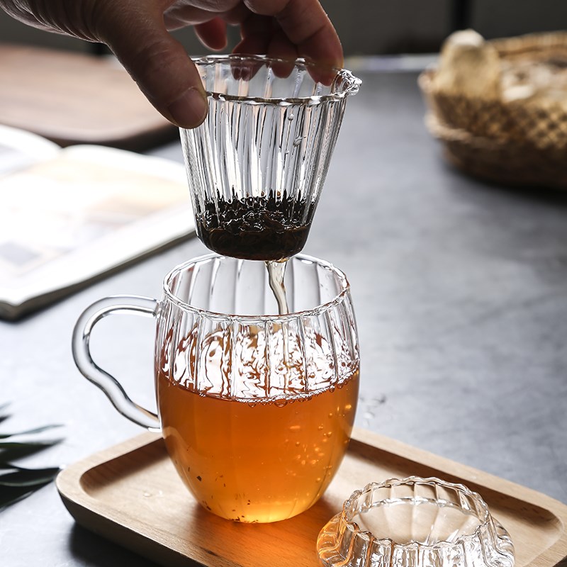 欧式条纹玻璃杯古典家用泡茶杯子复古带茶漏花茶杯手柄个人红茶杯