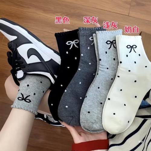 袜子女四季款中筒袜极简风圆点花边蝴蝶结黑白纯色学生ins潮袜子