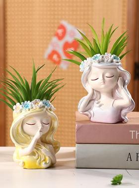 创意女孩仿真花盆园林家居卧室办公桌桌面装饰树脂工艺品摆件婚庆