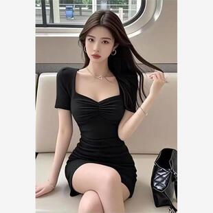 显瘦法式 夏季 修身 性感方领气质辣妹短袖 收腰包臀裙 连衣裙2025新款