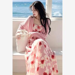 大码 两件套200斤 胖mm温柔风减龄套装 裙女碎花连衣裙外搭防晒开衫
