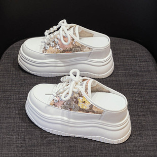 新款 女外穿2025夏季 厚底内增高无后跟懒人包头凉拖 拖鞋 串珠小白鞋