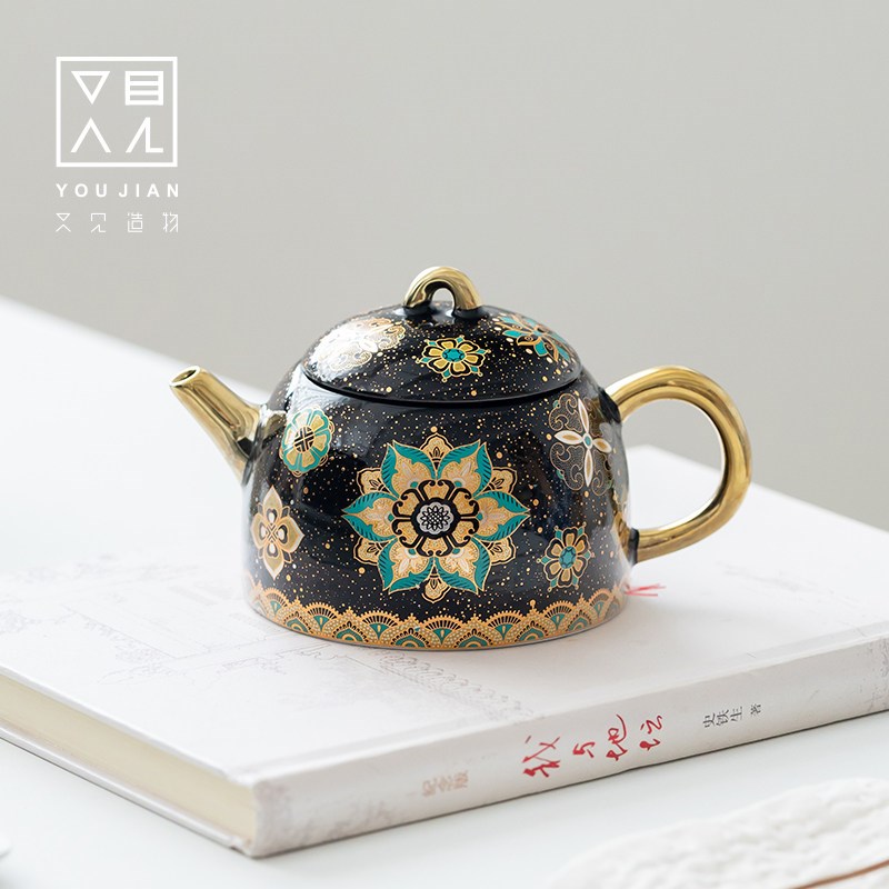 又见造物x观慕堂宝相花黑釉茶壶陶瓷茶具高档金R银套装送新婚寿宴