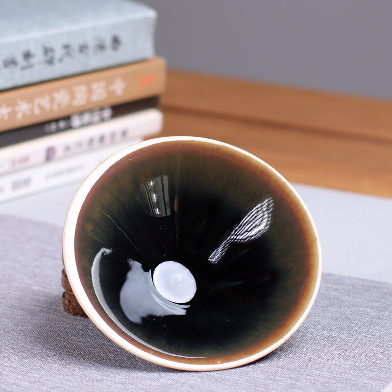 定窑定瓷茶具茶杯原矿高温仿古釉A黑定全手斗笠窑变兔毫盏光可鉴