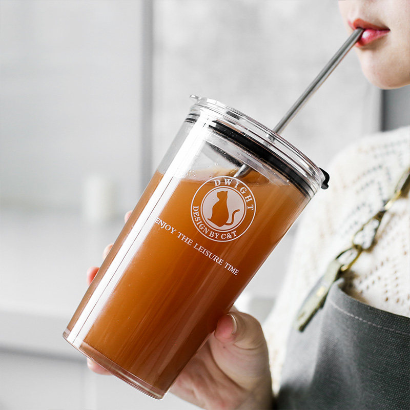 加厚水果茶玻璃杯网红inss吸管杯大人牛奶杯咖啡杯少女心喝水杯子