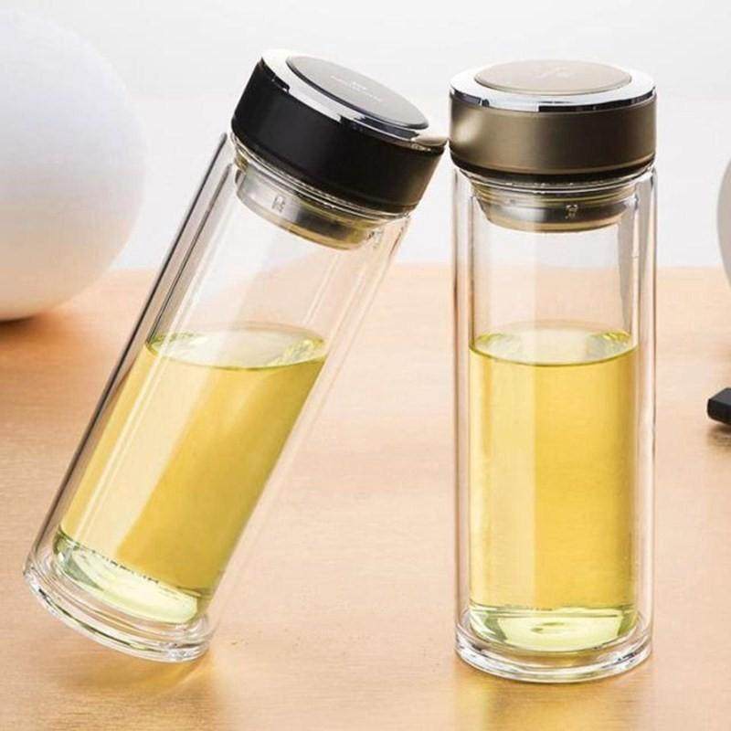 杯子里面是玻g璃外面是塑料纯色耐摔保温杯手提茶杯真空粉红双层