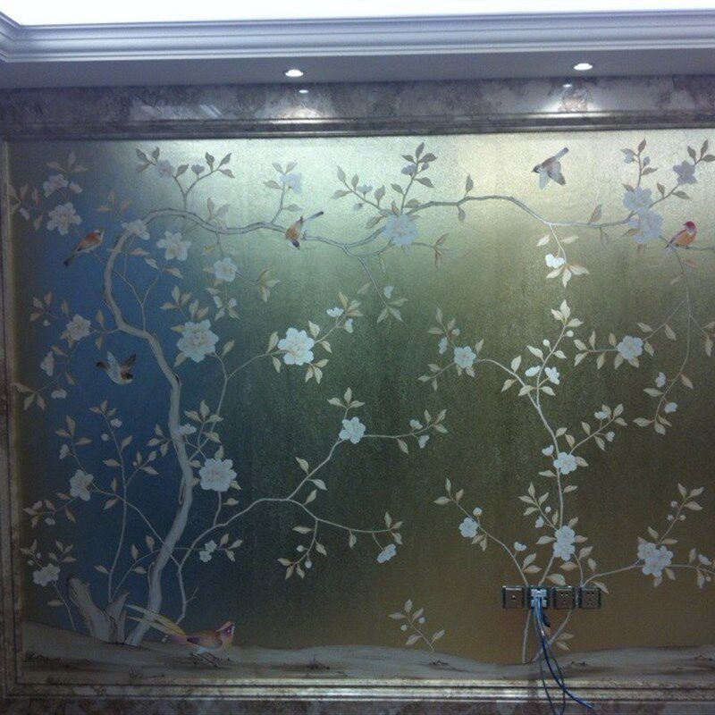 金箔新款作旧手绘墙纸背景墙香槟箔手工花鸟电视背景墙纸