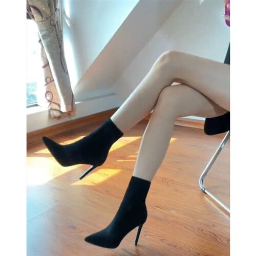 黑色尖头b绒面裸靴2024新款秋冬高跟瘦瘦短靴女细跟中筒靴弹力袜