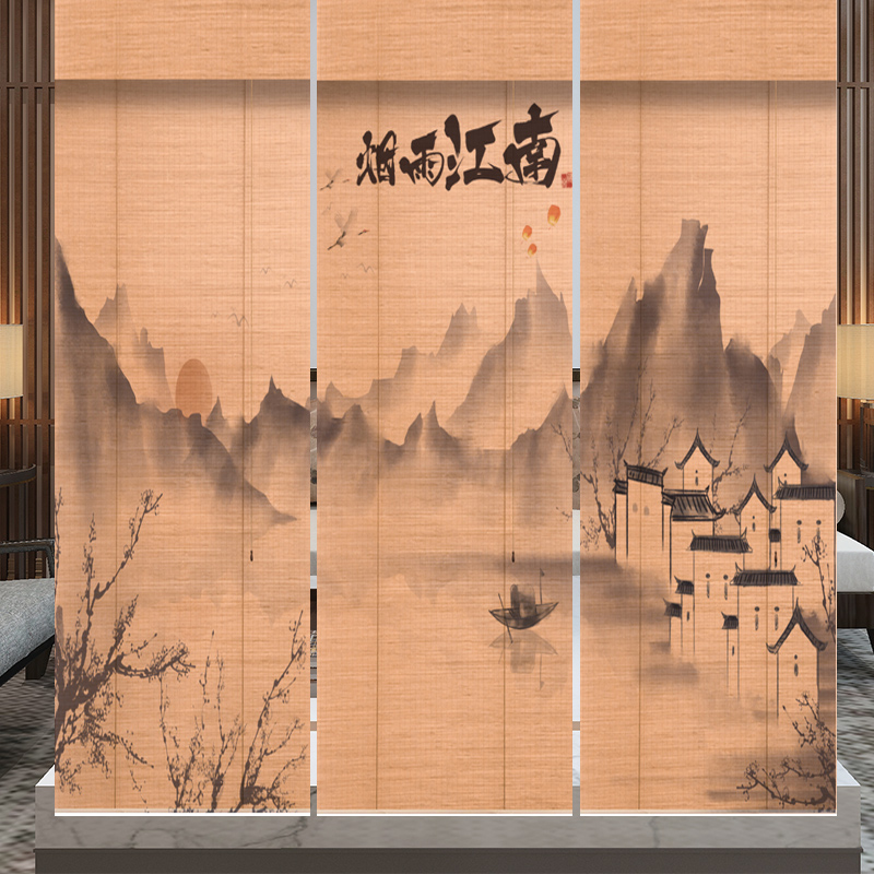 竹帘卷帘日式隔断凉亭茶室印花窗帘酒店落地窗装饰遮光帘