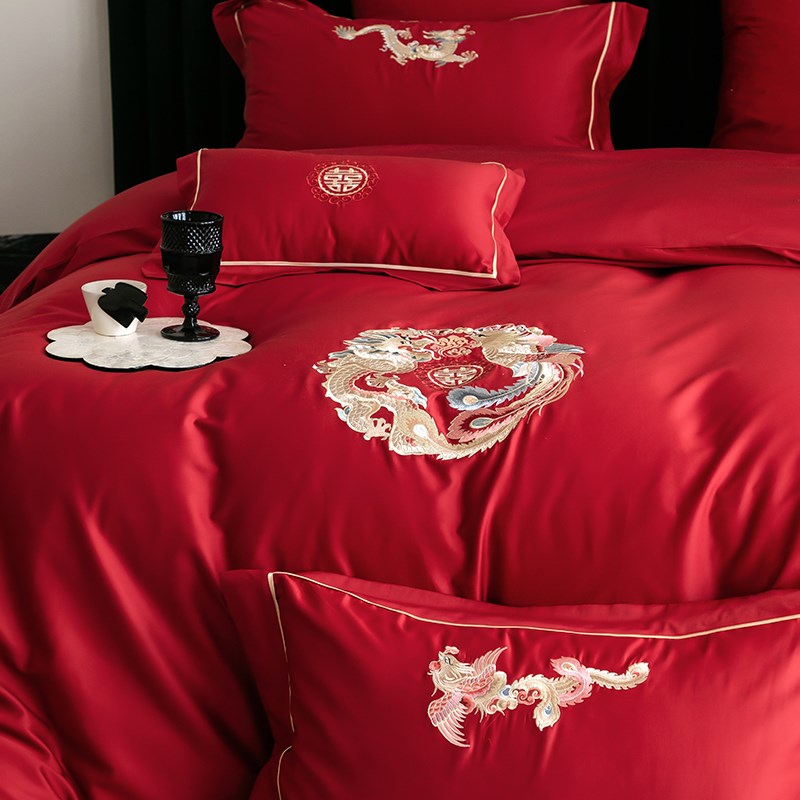龙凤呈祥婚庆四件套100S长绒棉纯棉被套红色喜庆结婚陪嫁床上用品