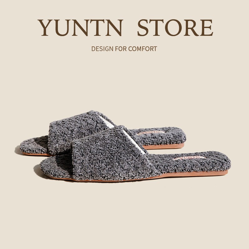 高级感温柔亲肤泰迪绒薄绒开口四季拖鞋女轻便防滑牛筋底居家男夏